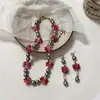 Brincos de flor de cristal rosa com pérolas artificiais bordadas, corrente para clavícula, colar de temperamento vintage