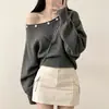 Suéter de punto de un hombro estilo coreano para mujer, nueva colección de otoño, suéter tipo pullover de corte holgado, diseño puro y simple, color liso, top con botones