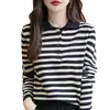 Camisa básica estilosa de algodão puro tricotado, nova para primavera e outono, com listras, gola polo, modelagem solta e casual, de manga longa, para mulheres