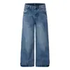 Pantalones de Mezclilla Anchos Estilo Americano para Hombre, Corte Holgado con Cintura Ajustable, Diseño de Botón, Pantalones Rectos Lavados, Modernos