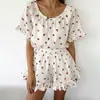 Novos Produtos Europeus e Americanos, Shorts Estampados de Manga Curta com Gola Redonda e Babados, Pijama de Primavera e Verão para Mulheres, Conjunto de Roupa para Casa Solto e Confortável