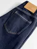 Venda direta da fábrica de jeans novos azul escuro, cor original, de perna larga para mulheres, com elasticidade em quatro direções, cintura alta, modelagem solta, efeito emagrecedor e design de perna reta com detalhes bordados.