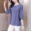 2026 Verano Nuevo Camiseta de Manga de Linterna de Cinco Puntas Holgada Bordado Adelgazante Madre de Mediana Edad Top Casual Blusa Mujer