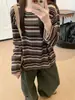 Diseño retro estilo coreano, camiseta de manga larga a rayas de bloques de color para mujer, corte holgado y relajado, perfecta para principios de otoño, uso casual y como capa base.