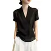 Camisa corta jacquard de manga corta con cuello en V, color negro, a la moda, para mujer, verano 2026, talla grande, top único y deslumbrante para damas de talla grande