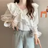 Nuevo estilo coreano otoño e invierno cuello en V diseño irregular de manga acampanada sentido de diseño nicho sentido de diseño estilo francés camisa top corto