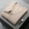 Cárdigan de lana pura 2026 otoño e invierno para hombre, cuello en V, camiseta base de capa de aire, chaqueta cálida casual de negocios para mediana edad