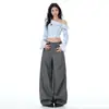 Calça de linho casual estilo terno, modelagem solta, perna curva, coleção primavera/outono 2026, calça versátil de perna larga, comprimento até o chão, calça longa cinza, comprimento estendido cinza