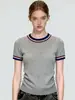 Camiseta Listrada de Manga Curta com Gola Redonda Color-Blocked Minimalista Estilo Francês para Mulheres, Verão Elegante Estilo Executivo Malha Slim Fit