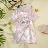 Camisola de Verão Fina Infantil Seda Sintética Manga Curta Desenho Animado Unicórnio Roupa de Casa Kimono Robe para Meninas Rosa Branco