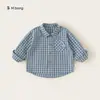 Bangxuan Huzhou Zhi Li roupa infantil camisa xadrez para meninos primavera e outono simples bebê manga longa cor sólida versátil top infantil