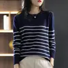 Nuevo suéter de punto 100% algodón de otoño para mujer, camiseta básica de rayas con bloques de color y cuello redondo, top fino versátil para mujer