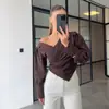 Transfronteiriço Início do Outono Francês Suave e Romântico Design Elegante Ombro a Ombro Decote V Cintura Manga Longa Camisa Top de Alta Qualidade
