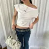 Top de Verano de Manga Corta Ajustado Sexy Estilo Dopamina de un Hombro con Pedrería Hombros Descubiertos Versátil al por Mayor para Mujer