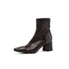 Botines de piel de oveja de primera capa para mujer con tacón grueso, nuevos para otoño e invierno, de cuero genuino, punta cuadrada, cierre trasero, botines altos de tacón