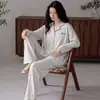 Conjunto de pijama cardigan fino de algodão com mangas compridas para primavera e outono feminino, adequado para usar fora de casa, conjunto casual para ficar em casa
