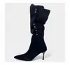 Botas de tacón alto fino, botas de tacón de bloque de punta fina, botas largas para mujer, botas ajustadas de gamuza otoño e invierno 2026, botas de montar de caña alta