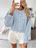 25 Ropa de Mujer de Comercio Exterior Transfronterizo Europeo y Americano, Elegante, Cómoda, Casual, Corte Holgado, Mangas de Linterna con Volantes, Camisa de Botones