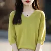 Suéter de punto para mujer con cuello en V y cinco mangas, color liso, manga corta, suéter de punto holgado, capa base, camiseta 25 Otoño Nueva Llegada Primera Línea Listo para usar T