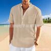 Camisa masculina de manga curta, gola vertical, imitação de bambu, linho, solta, casual, jacquard, Henry, verão 2025, Amazon Cross-border
