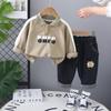 Bebê Primavera 2025 Primavera e Outono Novos Meninos Casual Polo Camisa Manga Longa Duas Peças Calças Jeans Soltas Infantis