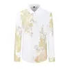 [Personalizado] Camisa Masculina Manga Longa Slim-Fit Tendência de Luxo Leve Estampa Floral Dourada com Strass Não Amassa Resistente a Amassados Respirável