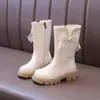 Botas de cano alto de couro para meninas, botas de algodão quentes com pelúcia de inverno, botas estilo princesa para crianças com laço, sola macia antiderrapante, botas Martin