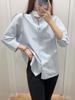 Camisa feminina de linho misto com gola alta e mangas curtas, camisa casual para o dia a dia, primavera 2024 464735464736