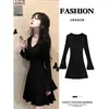 Vestido de tricô preto para mulheres, outono e inverno, para baixinhas, com fleece adicionado, grosso, ótimo para combinar com um casaco, vestido curto de inverno super estiloso