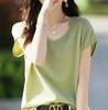 Camiseta de manga corta con cuello en V y color liso para mujer, suéter fino y holgado de alta gama europea, de verano, a la moda