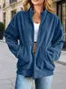 Cárdigan de pana estilo relajado transfronterizo con cuello alto, cierre de cremallera completo, bolsillos, hombros caídos y mangas largas - una chaqueta casual