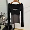 Chegada Nova Outono 2026 Camiseta de Manga Longa com Decote Baixo Falsa Duas Peças Patchwork para Mulheres Esticável Slim Fit Cintura Marcada Camada Base Hot Girl
