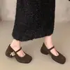 Sapatos Mary Jane Cinza de Pelúcia para Roupa Exterior de Inverno Feminina Novo Estilo Retrô Francês Lã Salto Grosso Sapatilhas para Mulheres Forrado com Lã Salto Alto