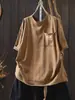 Camiseta de Manga Curta com Bolso de Carta 2026 Moda Nova de Verão Gola Redonda Solta com Borda Enrolada Top Pulôver Roupas Femininas
