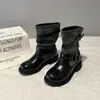 Nuevo diseño de botas de caballero, botas de motocicleta de moda para mujer, botas de media pantorrilla con hebilla de cinturón, botas de punta redonda, estilo retro, versión coreana