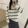 Nuevo Suéter de Punto con Cuello Polo y Media Cremallera Estilo Coreano para Mujer en Otoño e Invierno Elegante Top de Punto con Rayas de Contraste