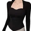 Imagem Oficial, Preço Real: Camiseta Preta Quadrada de Manga Longa Estilo Francês para Mulheres, Outono e Primavera Slim Fit Hot Girl Top Base Curto