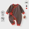 Ropa de Bebé de Algodón Elástico Tejido de Otoño Clase A, Pelele de Bebé, Mono de Manga Larga con Bloques de Color Estilo Europeo y Americano