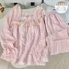 Vem com Bojo, Pijama de Algodão Nuvem Amassado Xadrez Cor Lisa para Mulheres, Nova Coleção Primavera e Outono para Estudantes, Calça de Manga Comprida, Roupa de Casa