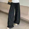 Calça Feminina Listrada Casual com Cordão Fluida Outono Versátil Solta Afinando Wide Leg