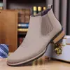Botas Chelsea Negras Mate para Hombre Transfronterizas Casuales de Punta Cuadrada Bordadas de Caña Alta Estilo Británico Botas de Cuero Casuales