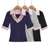 Top de Moda Ajustado con Mangas Medias y Bloques de Color, Falso Dos Piezas con Parches Rayados Camiseta Corta