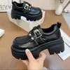 Mocasines Gruesos Estilo Británico para Mujer Negros Aumentan la Altura 6.5cm Mocasines Estilo Escolar Mary Janes Zapatos Pequeños de Cuero Zapatos Individuales