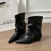 Botas Medievales Retro Francesas de Tacón Grueso hasta Media Pantorrilla para Mujer Otoño/Invierno 2026 Punta Fina Botas Fruncidas Botas Cortas Adelgazantes