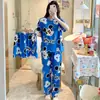 Pijama transfronteiriço de verão feminino conjunto de três peças de seda de leite desenho animado comércio exterior roupa de casa manga curta calça comprida estilo fofo