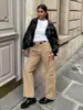 Chaqueta corta de cuero PU vintage desgastada negra con cuello de solapa, corte holgado, mangas largas, estilo motero, streetwear casual