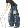 Letras pintadas estilo americano, jeans anchos rasgados grandes, unisex, lavables en verano, corte holgado, versátiles, pantalones de largo completo