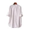 Kuichun Nuevo Comercio Exterior Estilo Japonés Francés Lino Puro Versátil Blanco Cuello Vertical Longitud Media Artística Camisa de Manga Larga para Mujer