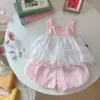 Conjunto de Verano para Niñas 2025 Nuevo Estilo de Verano Infantil Bebé Vestido de Encaje y Pantalones Cortos Conjunto de Dos Piezas Venta al por Mayor Suéter