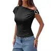 2026 Amazon Moda Transfronteriza Europea y Americana Camiseta de Manga Larga Acanalada Ajustada Asimétrica Hombros Descubiertos con Hebilla Metálica para Mujer